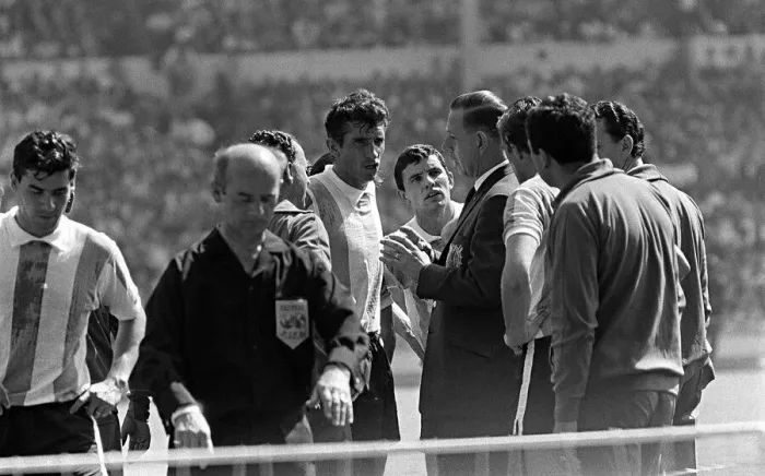 Framed Print : Rattin of Argentina argues with officials in World Cup 1966 quarter finals against Framed Print : Rattin of Argentina argues with officials in World Cup 1966 quarter finals against