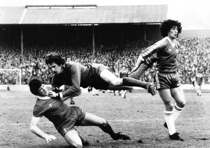 Framed Print : Ray Clemence Liverpool clashes with Emlyn Hughes March 1979 during the Chelsea v Framed Print : Ray Clemence Liverpool clashes with Emlyn Hughes March 1979 during the Chelsea v