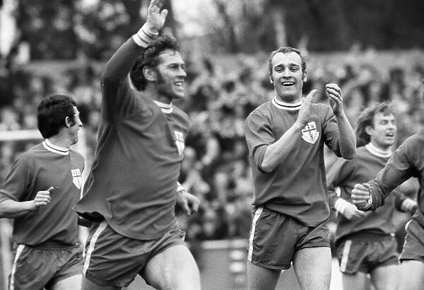 Ray Crawford celebrates after first goal with team mate during FA cup 1971
