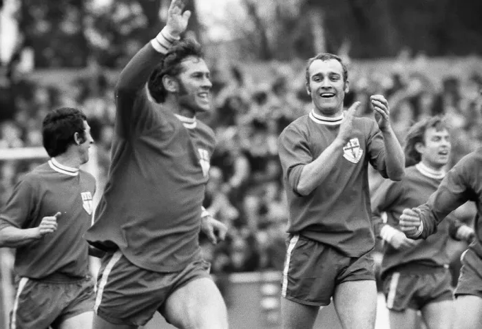 Framed Print : Ray Crawford celebrates after first goal with team mate during FA cup 1971