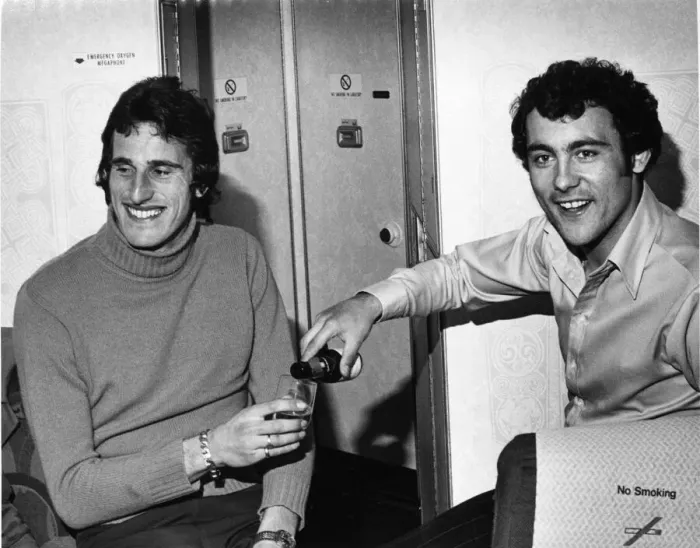 Framed Print : Ray Kennedy toasts hero goalkeeper Ray Clemence for his vital penalty save in the UEFA Framed Print : Ray Kennedy toasts hero goalkeeper Ray Clemence for his vital penalty save in the UEFA