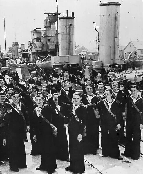 RCN sailors ashore from one of the first Canadian destroyers to arrive in Britain