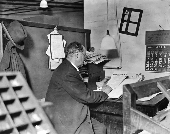 Framed Print : The reader of the Police Gazette. Scotland Yard. London. April 1929 Framed Print : The reader of the Police Gazette. Scotland Yard. London. April 1929