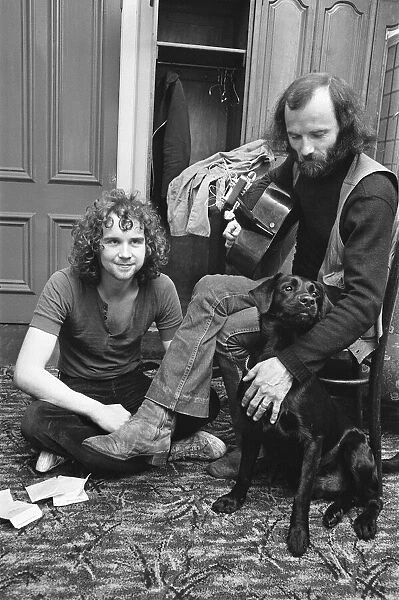 Reading Folk Festival June 1971. Back stage Mike Chapman with his dog Arthur