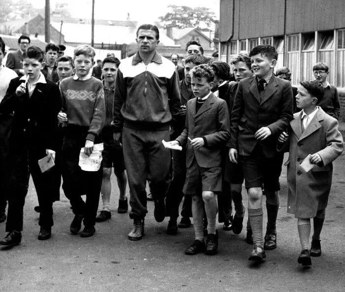 Framed Print : Former Real Madrid player Ferenc Puskas surrounded by Kilmarnock schoolchildren asking Framed Print : Former Real Madrid player Ferenc Puskas surrounded by Kilmarnock schoolchildren asking