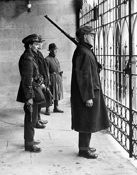 Rebel republican troops guarding the Court House in Sligo which they had seized a few