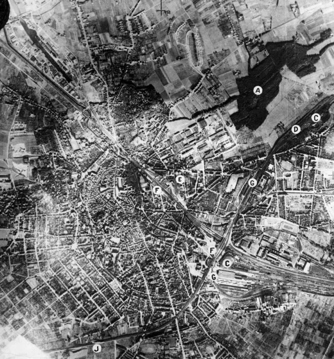 Framed Print : Reconnaissance photo taken by the RAF over the industrial town of Osnabruck, Germany Framed Print : Reconnaissance photo taken by the RAF over the industrial town of Osnabruck, Germany