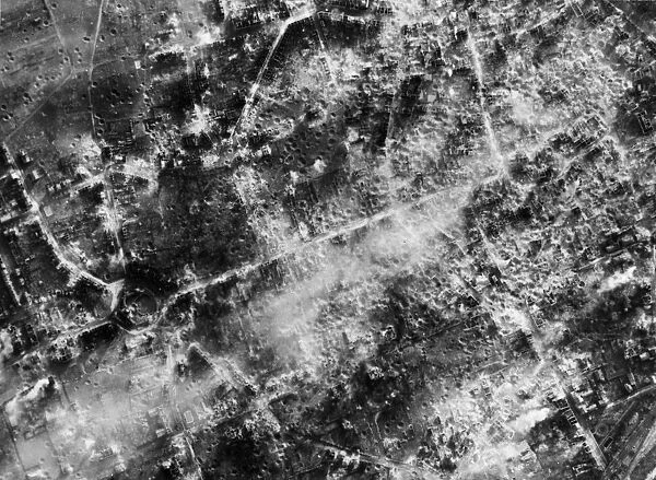 A reconnaissance photograph taken by 542 Squadron RAF of the completely destroyed town of