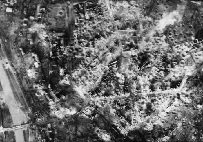 Framed Print : Reconnaissance photograph taken by a Spitfire of 542 Squadron of the completely destroyed Framed Print : Reconnaissance photograph taken by a Spitfire of 542 Squadron of the completely destroyed