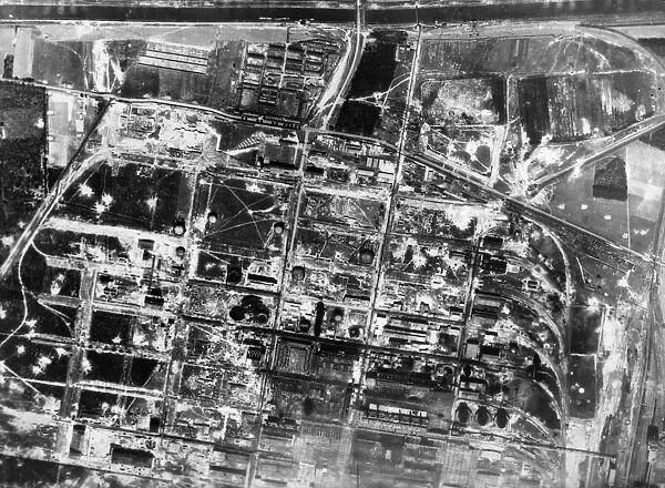 A reconnaissance photograph, taken weeks after a bombing raid on Huls by Eighth Air Force