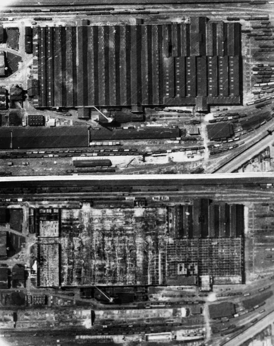 Framed Print : Reconnaissance pictures taken after the RAFs 1000 bomber raid on Cologne on May 30th Framed Print : Reconnaissance pictures taken after the RAFs 1000 bomber raid on Cologne on May 30th