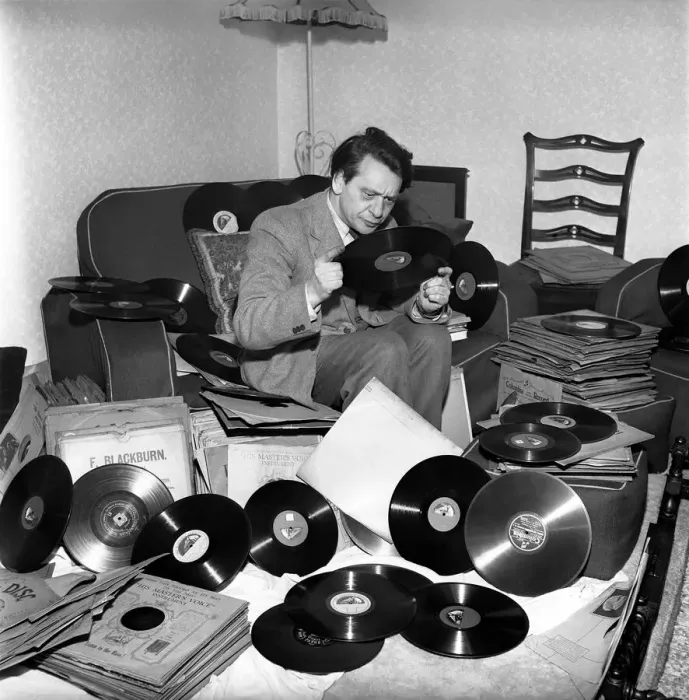 Framed Print : Record collector: Mr. Brodetsky a Leeds record collector seen here with his collection Framed Print : Record collector: Mr. Brodetsky a Leeds record collector seen here with his collection