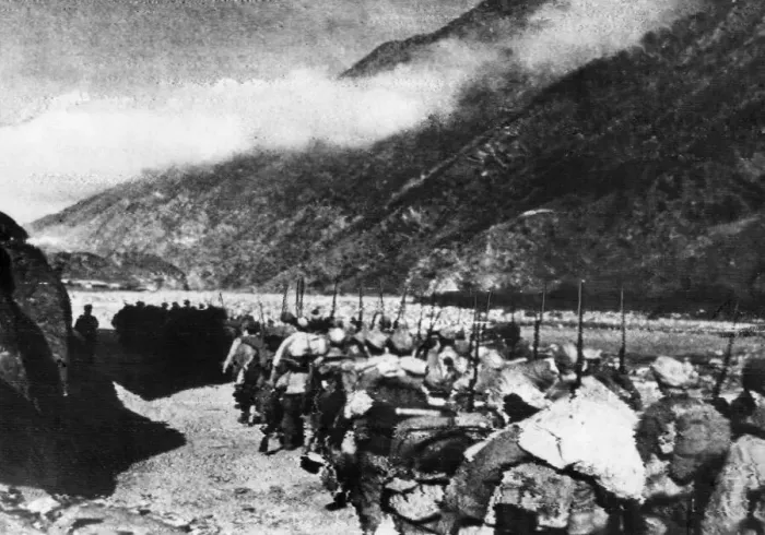 Framed Print : Red Army reinforcements on their way to the front line in the mountain passes of