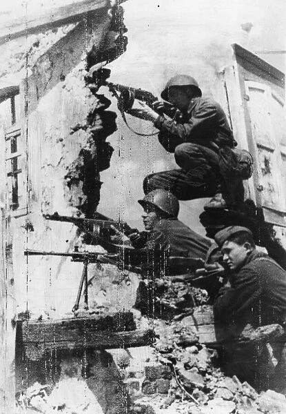 Red Army Russian infantry on the outskirts of Kharkov firing on the Nazi Army of Germany