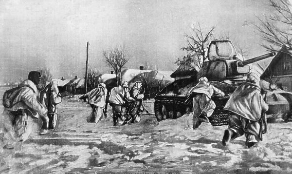 Red Army tank men, clad in white, running for cover behind a heavy Soviet tank in a