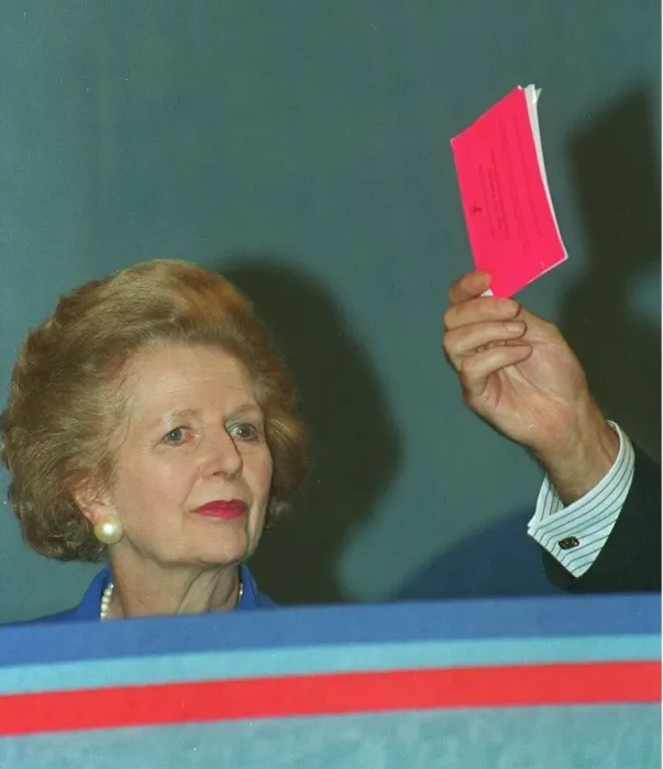 Framed Print : Red card for Margaret Thatcher Pictured in 1993 at the Conservative Conference in Framed Print : Red card for Margaret Thatcher Pictured in 1993 at the Conservative Conference in