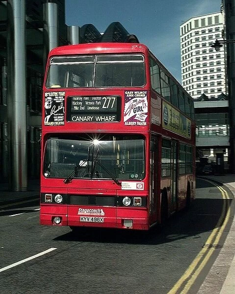 Red double decker London bus at Canary Wharf. May 1997