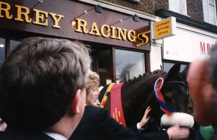 Framed Print : Red Rum Racehorse March 1992 makes a personal appearance at The Surrey Racing Bookmakers