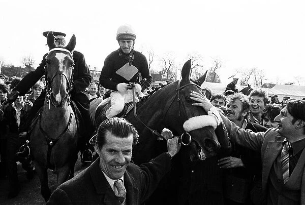 Red Rum after winning the 1977 Grand National with Jockey Tommy Stack. 2nd April 1977