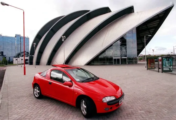 Framed Print : Red Vauxhall Tigra car May 1998 outside CLyde Concert Hall Aramadillo Framed Print : Red Vauxhall Tigra car May 1998 outside CLyde Concert Hall Aramadillo