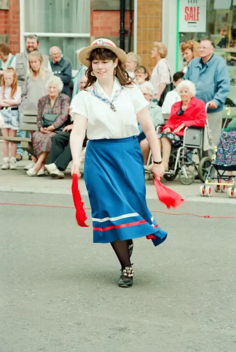 Framed Print : Redcar Folk Festival, 9th July 1994. Pictured, Morris Dancers perform in the High Street Framed Print : Redcar Folk Festival, 9th July 1994. Pictured, Morris Dancers perform in the High Street