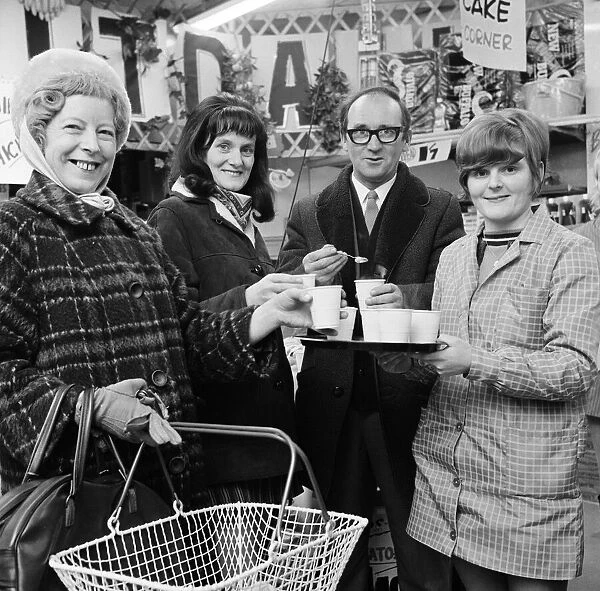 Redcar supermarket hands out cups of tea. 1971
