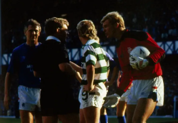 Framed Print : Referee talks to Celtic and Rangers players October 1987 Frank McAvennie Framed Print : Referee talks to Celtic and Rangers players October 1987 Frank McAvennie