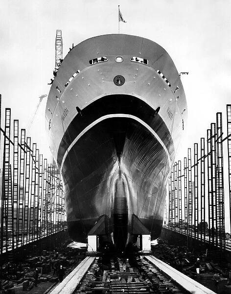 The refrigerated cargo ship Manora in dry dock prior to launch at Swan Hunter