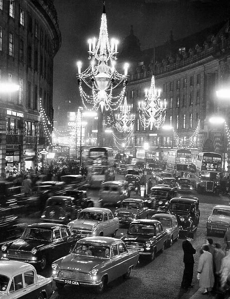 Regent Street packed with traffic as new Christmas lights in the form of chandeliers