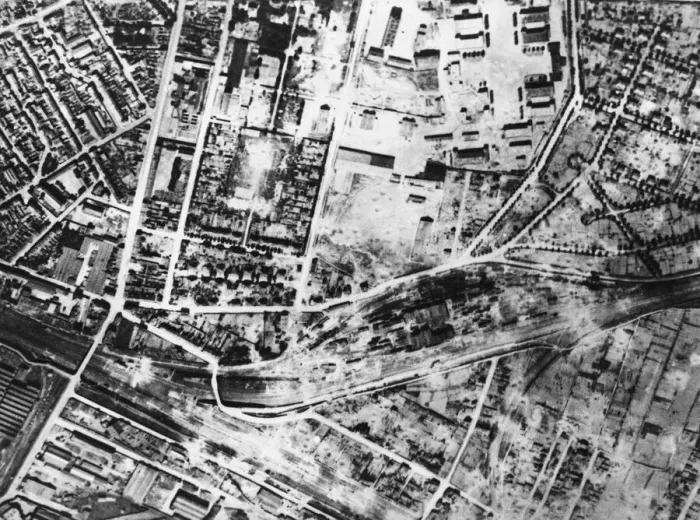 Framed Print : Reims Rail Centre showing signs of recent attacks the rail marshalling yards at Reims