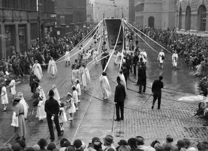 Framed Print : Religion Holidays Whit Sunday The scene as the Whitsun procession wends its way Framed Print : Religion Holidays Whit Sunday The scene as the Whitsun procession wends its way