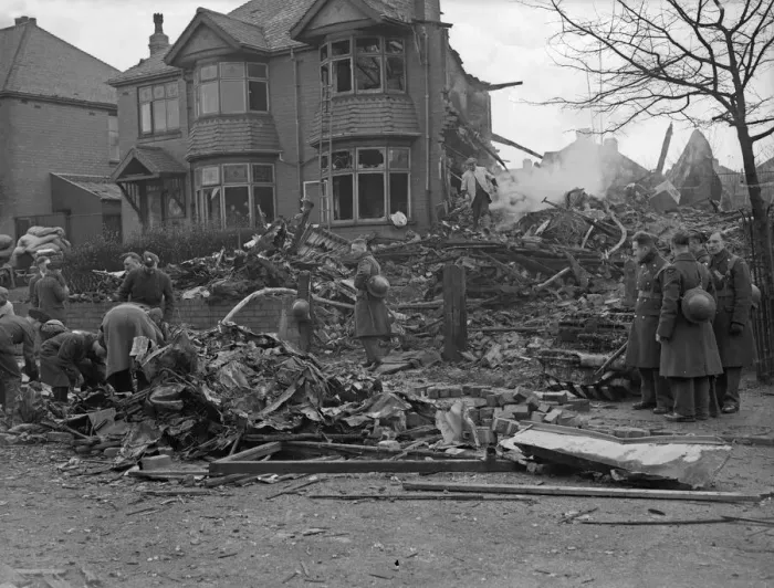 Framed Print : The remains of 281 and 283 Hales Lane, Smethwick after Heinkel He 111 1G+KM Wk Nr 1555 of Framed Print : The remains of 281 and 283 Hales Lane, Smethwick after Heinkel He 111 1G+KM Wk Nr 1555 of
