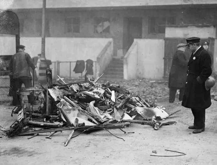 Framed Print : The remains of a bus, destroyed in Stepney, East London following an air raid by Framed Print : The remains of a bus, destroyed in Stepney, East London following an air raid by