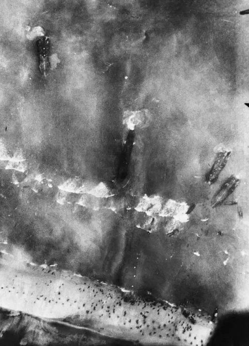 Framed Print : This remarkable photograph from the air shows a stretch of the beachhead where the great