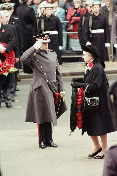 Remembrance Day parade at Whitehall, London. Queen Elizabeth II. 11th November 1991