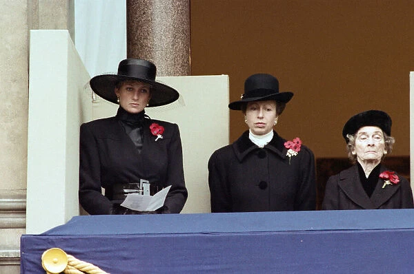Remembrance Day parade at Whitehall, London. Diana, Princess of Wales, Princess Anne