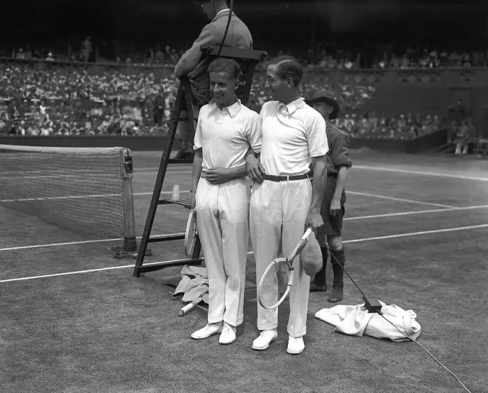 Framed Print : Rene Lacoste and H W Austin pose for the camera before their centre court match