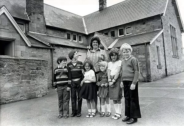Rennington School, 2nd July 1982. Headteacher Betty Wight with the last six pupils