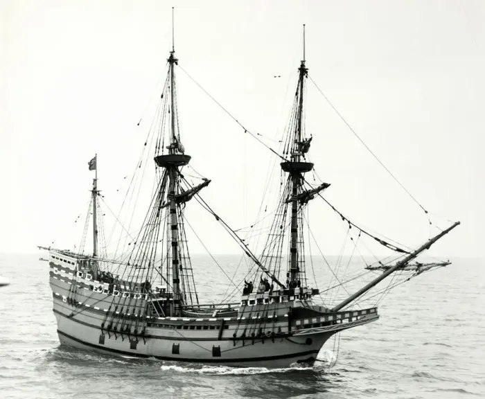 Framed Print : A replica of the Pilgrim fathers Mayflower seen here in the English Channel off Framed Print : A replica of the Pilgrim fathers Mayflower seen here in the English Channel off