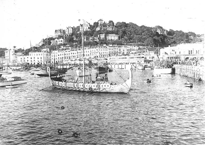 Framed Print : Replica Viking ship the Hugin, was the star turn at Torquay Regatta in 1949 Framed Print : Replica Viking ship the Hugin, was the star turn at Torquay Regatta in 1949