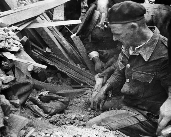 Framed Print : Rescue of a buried woman, trapped under the rubble after a V1 rocket attack in a Framed Print : Rescue of a buried woman, trapped under the rubble after a V1 rocket attack in a