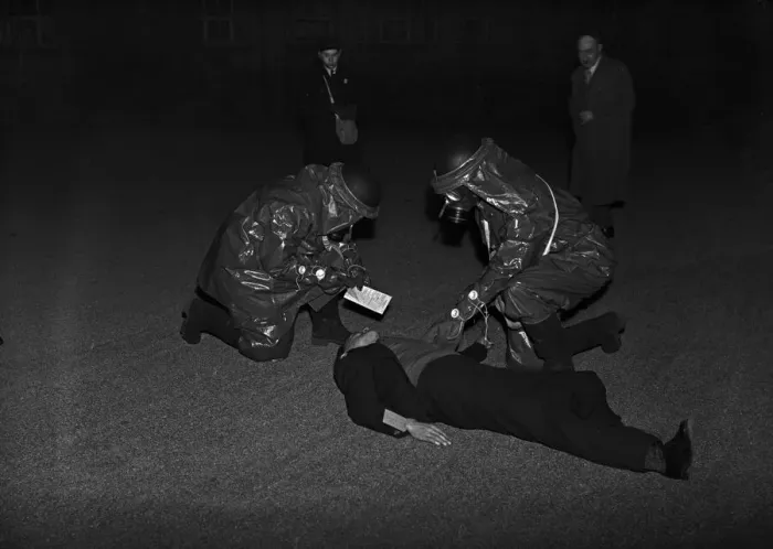 Framed Print : Rescuing a casualty. A series of realistic exercises were carried out at the A. R. P Framed Print : Rescuing a casualty. A series of realistic exercises were carried out at the A. R. P