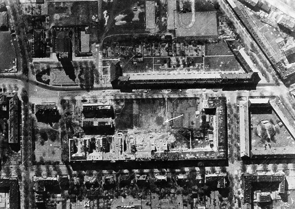 The results of an 8000 lb bomb dropped in a suburb of Berlin. Circa 1944