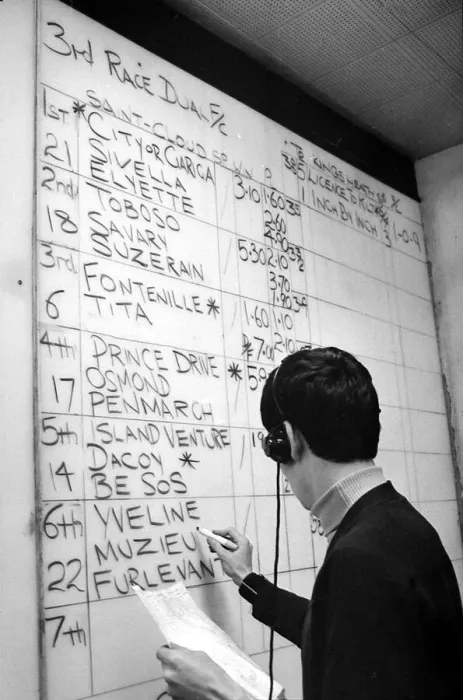 Framed Print : The results of the racing at Saint Cloud in Paris are marked on the board at Ladbrokes
