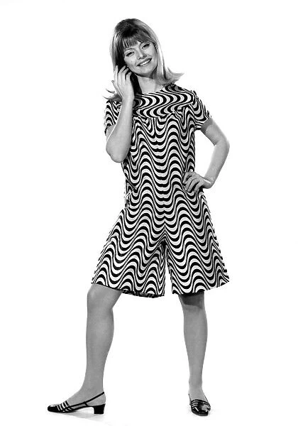 Reveille Fashion 1967: Uschi Bernell. All in one stripy shorts and top