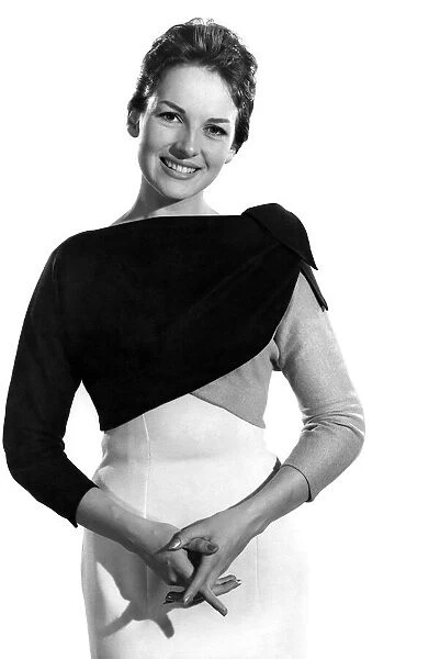 Reveille fashion. Diana Lovell modelling three tone dress. December 1959 P006964
