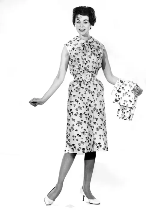 Framed Print : Reveille Fashion. Model wearing floral print summer dress May 1959 P006956 Framed Print : Reveille Fashion. Model wearing floral print summer dress May 1959 P006956