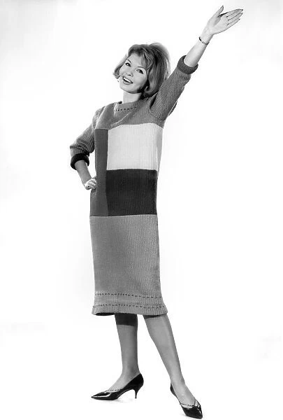 Reveille fashions 1962: Elizabeth Duke weaing mutli coloured panel dress