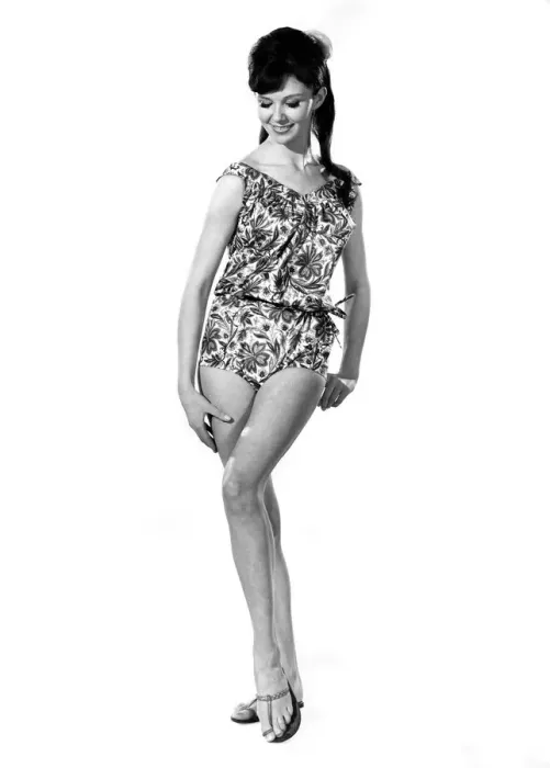 Framed Print : Reveille Fashions 1964: Meriel Weston modeling silk beach suit consisting of a leaf
