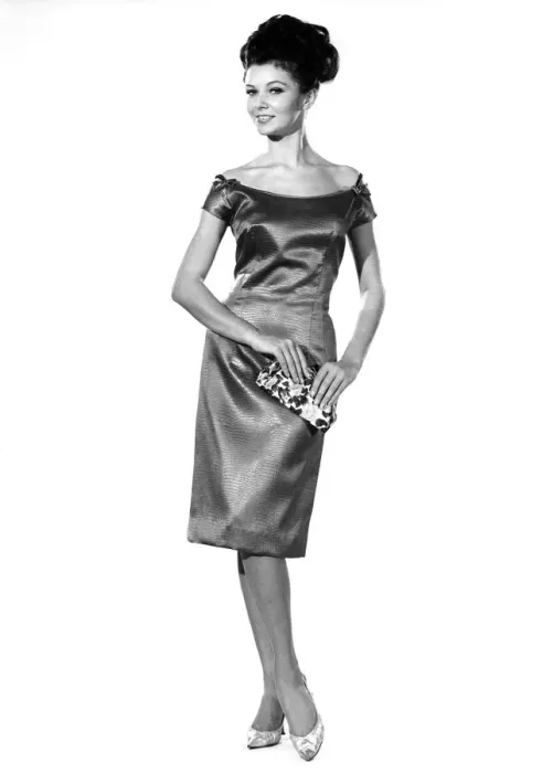 Framed Print : Reveille Fashions 1964: Meriel Weston silk evening dress. January 1964 P007611 Framed Print : Reveille Fashions 1964: Meriel Weston silk evening dress. January 1964 P007611